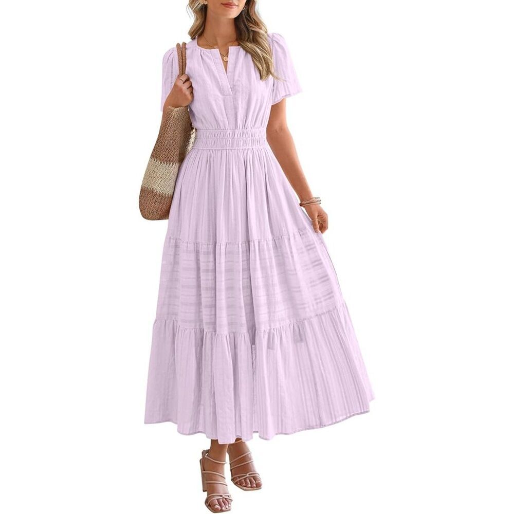 Women's Pink Purple V Neck Short Sleeve A Line Summer Casual Maxi Dress Pockets